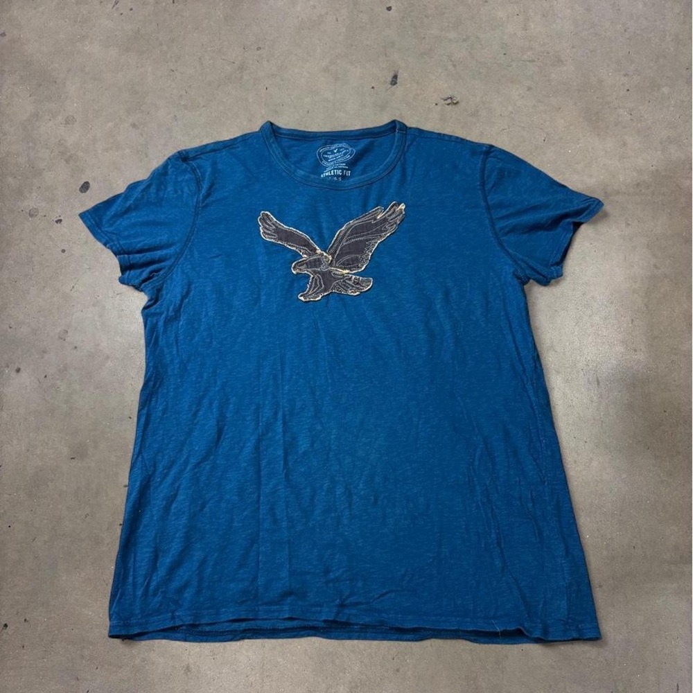 American Eagle Mens Large Blue Slub Knit Athletic Fit Eagle Logo T-Shirt Y2K